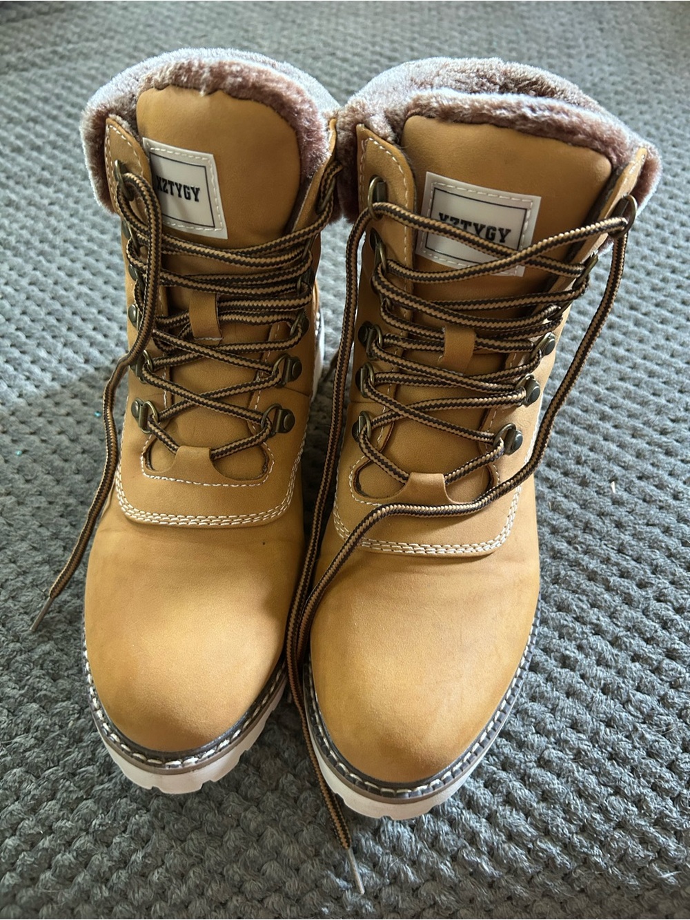 La Femme Wheat Tan Lace-Up Hiking Boots with Fleece Collar